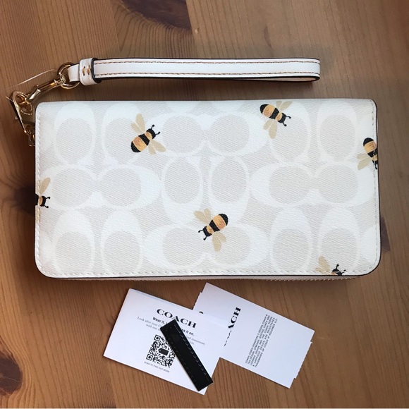 🐝 Coach Long Zip Around Wallet In Signature Canvas With Bee Print - Picture 2 of 8